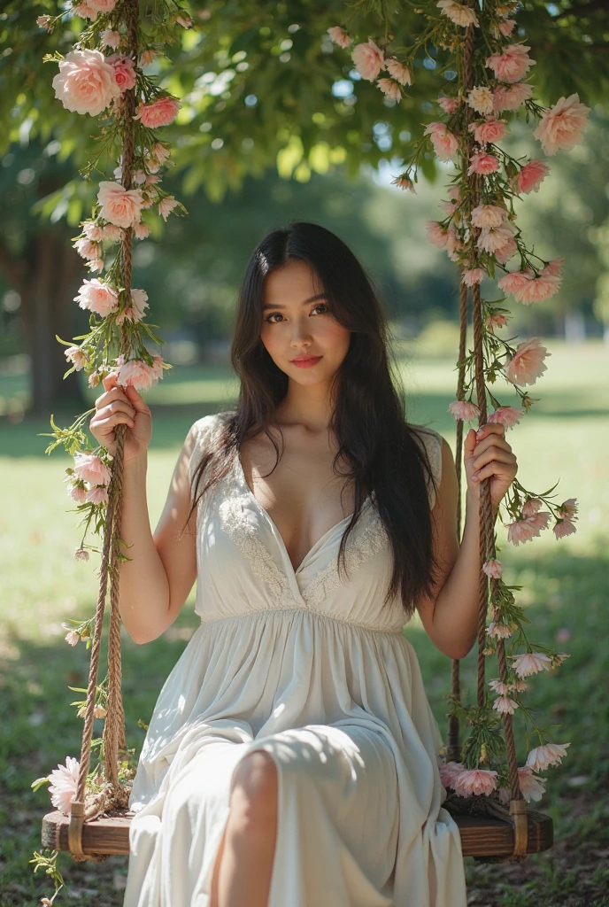 (best quality,4k,highres,realistic),soft sunlight,green grass, blooming flowers, (vivid colors), tranquil atmosphere, beautiful nature, rustic wooden chair, charming smile, (sparkling eyes), delicate facial features, (long and sleek black ponytail), (elegant posture), playing harp, (graceful fingers), (subtle breeze), (relaxed expression), (joyful mood), (gentle touch), (harmonious composition), (serene background), (impressive chest), (elegant lingerie), (enchanting curves), (natural beauty), (youthful appearance), (peaceful surrounding), (timeless moment).