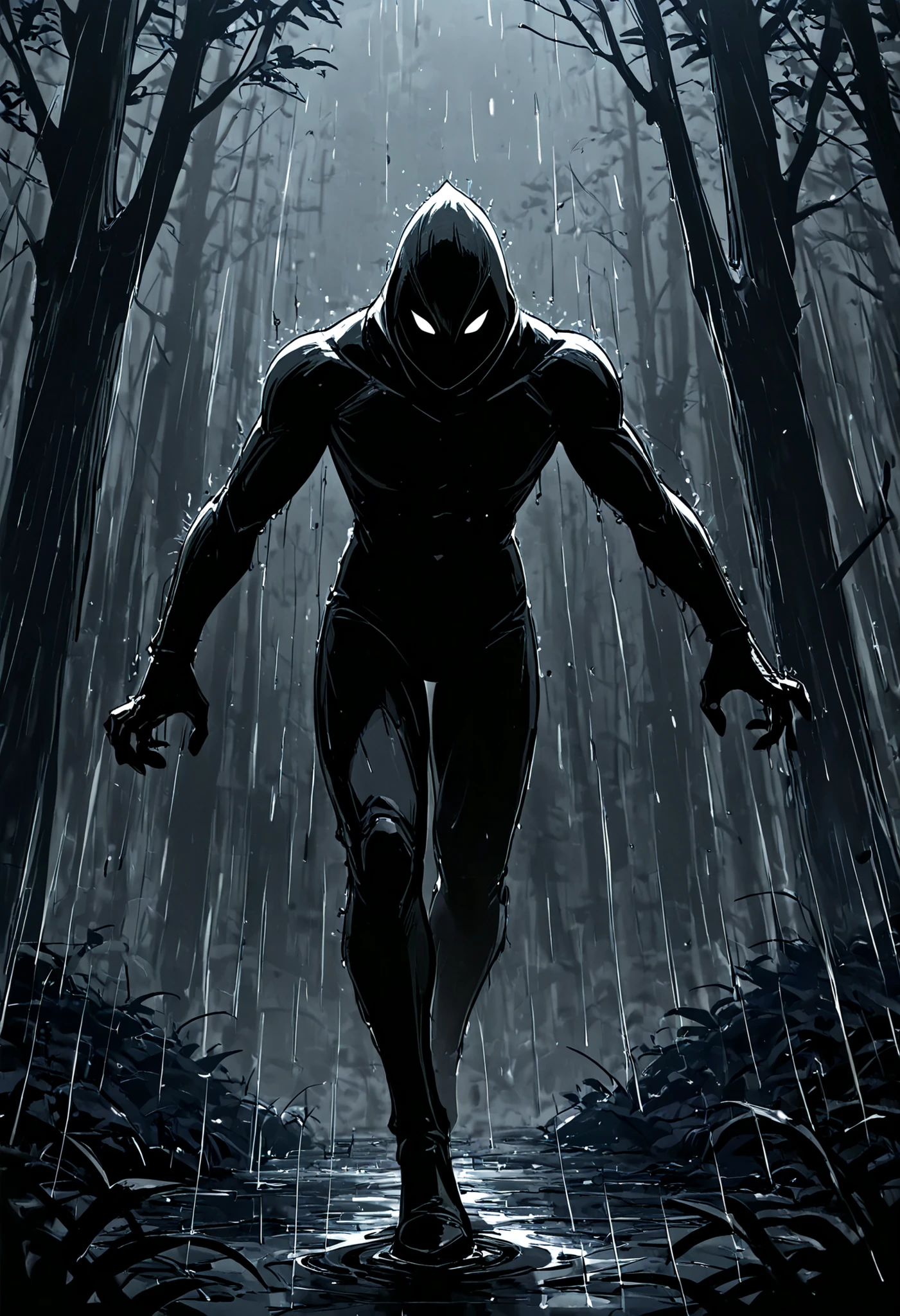(breathv:1),ninja in black moving in the shadows,Dark silhouette,dynamic pose,movement,dark forest,remaining,Heavy rain