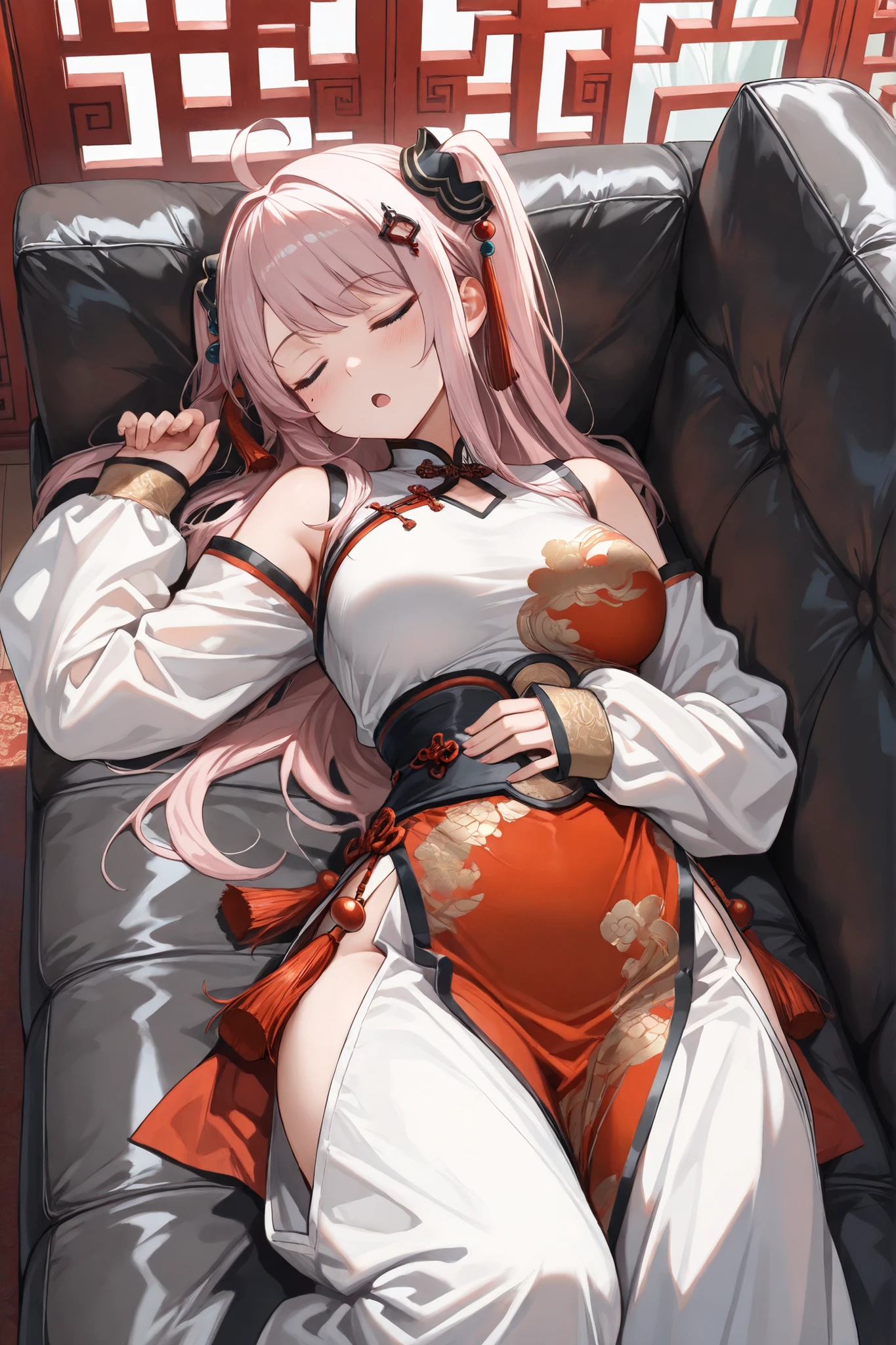 ((Masterpiece)),((best quality)),((incredibly absurdres)),((8K)),
1 girl,solo,younger,,kawaii,baby face,lanzhu zhong, long hair, bangs, blue eyes, pink hair, ahoge, sidelocks,two side up,mole under right eye,medium breasts,BREAK,
red,chinese clothes,Chinese pattern,sleeves past wrists,white baggy pants,BREAK,
:o,(closed eyes:1.2),BREAK,
sleeping on sofa,lying,on back,inner thigh,hand up,Weakness,BREAK,
indoors,chinese style architecture,Chinese pattern,living room,(black sofa),red tassels on the wall,BREAK,
from above,upper body,BREAK,