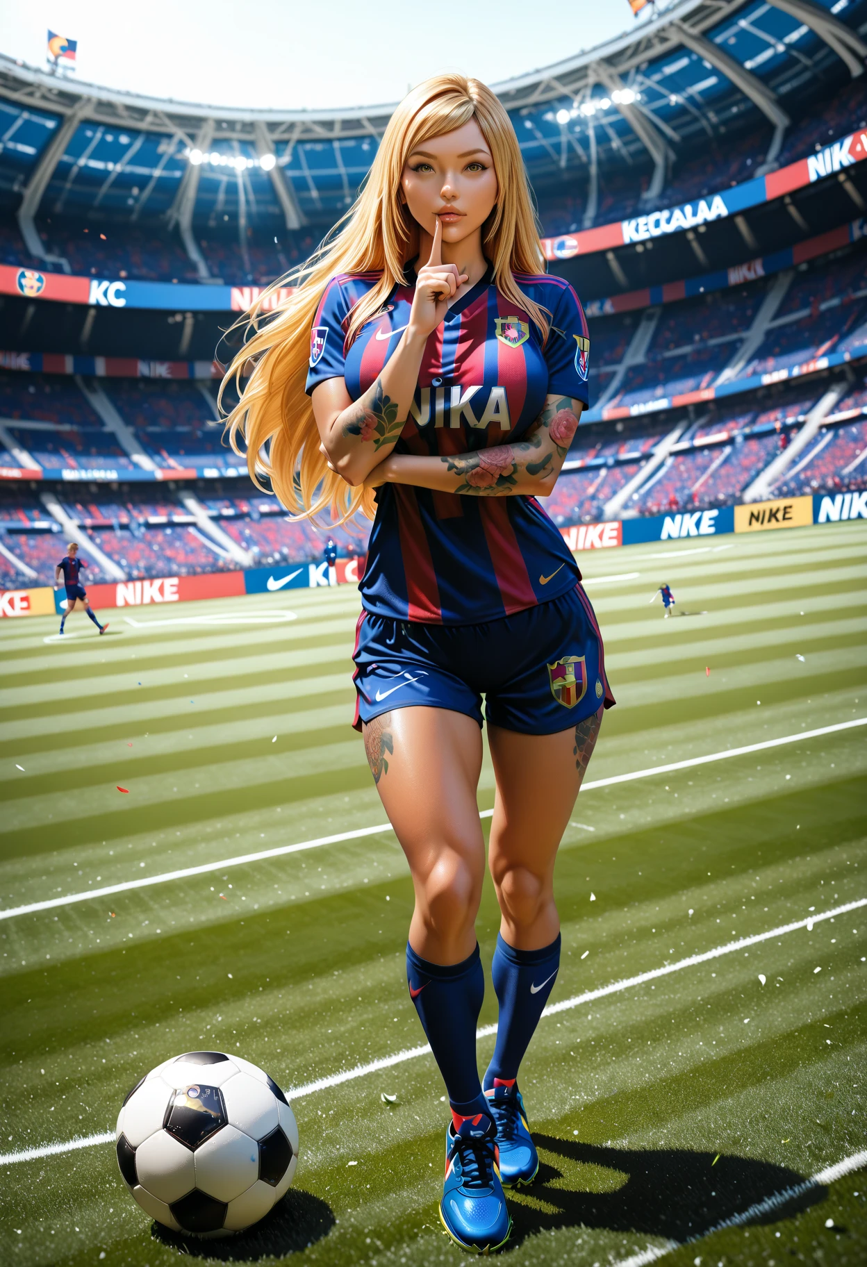 1girl, long hair, ponytail, depraved Barcelona football kit, earrings, jewelry, big breasts, (curvy), professional make-up, necklace, football stadium relaxation, (cyberpunk), dynamic light, dynamic angle, sector sitting stadium legs to the side