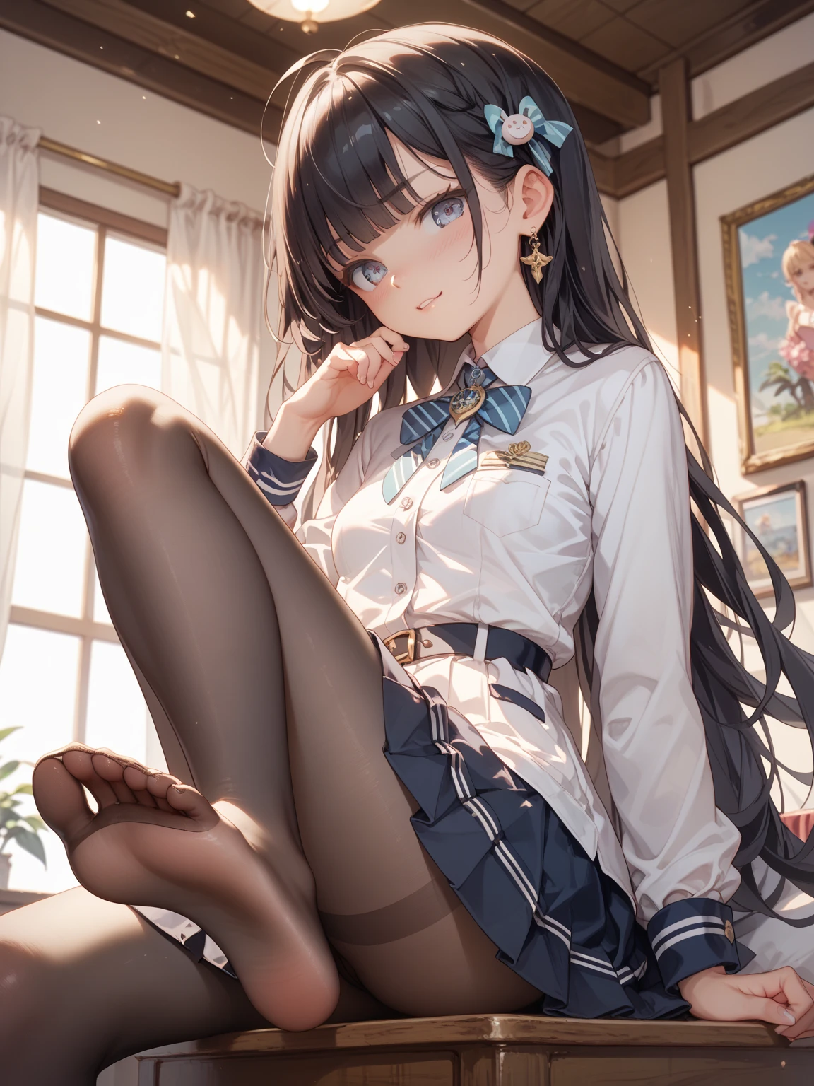 (masterpiece:1.5),(Beat quality),(high res),1girl solo,beautiful face,smile(shining eyes),light effects,black stockings women,room