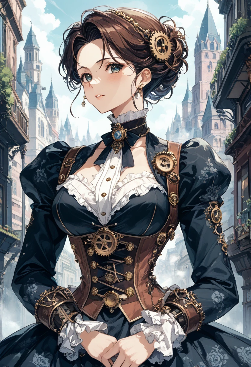 (High quality,High resolution,Fine details,Realistic),steampunk garden,solo,Adult Woman,sparkling eyes,blush,Large breasts,Sweat,Oily skin,wearing a Victorian-inspired outfit,filled with brass gears,steam-powered machinery,intricate clockwork sculptures,late afternoon,warm golden light casting,rich color,vibrant color,vintage sepia tone,retro-futurism,Victorian aesthetics
