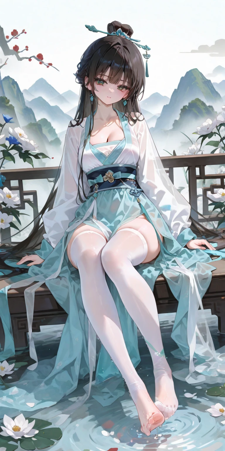 masterpiece, the best, 1 female, Blue cheongsam, Mature woman, Full body image, Antique Chinese style, Black Hair, Shoulder, (((Full breasts,)))(((Large Breasts))) (((Cleavage))),Smile, White cloth bun head, White pantyhose lace, white underwear, Light pink lips, Embroidered costumes