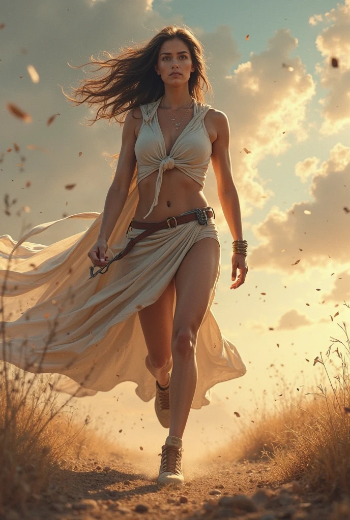 (extremely detailed, Artgerm-inspired masterpiece:1.3, wandering woman:1.2 in desert:1.2), (Alena Aenami-esque style:1.1, IG model Aly Fell-inspired:1.1), elegant, flowing, form-fitting outfit, dynamic pose, intense lighting, vibrant colors, sand particles, 8k, high resolution.