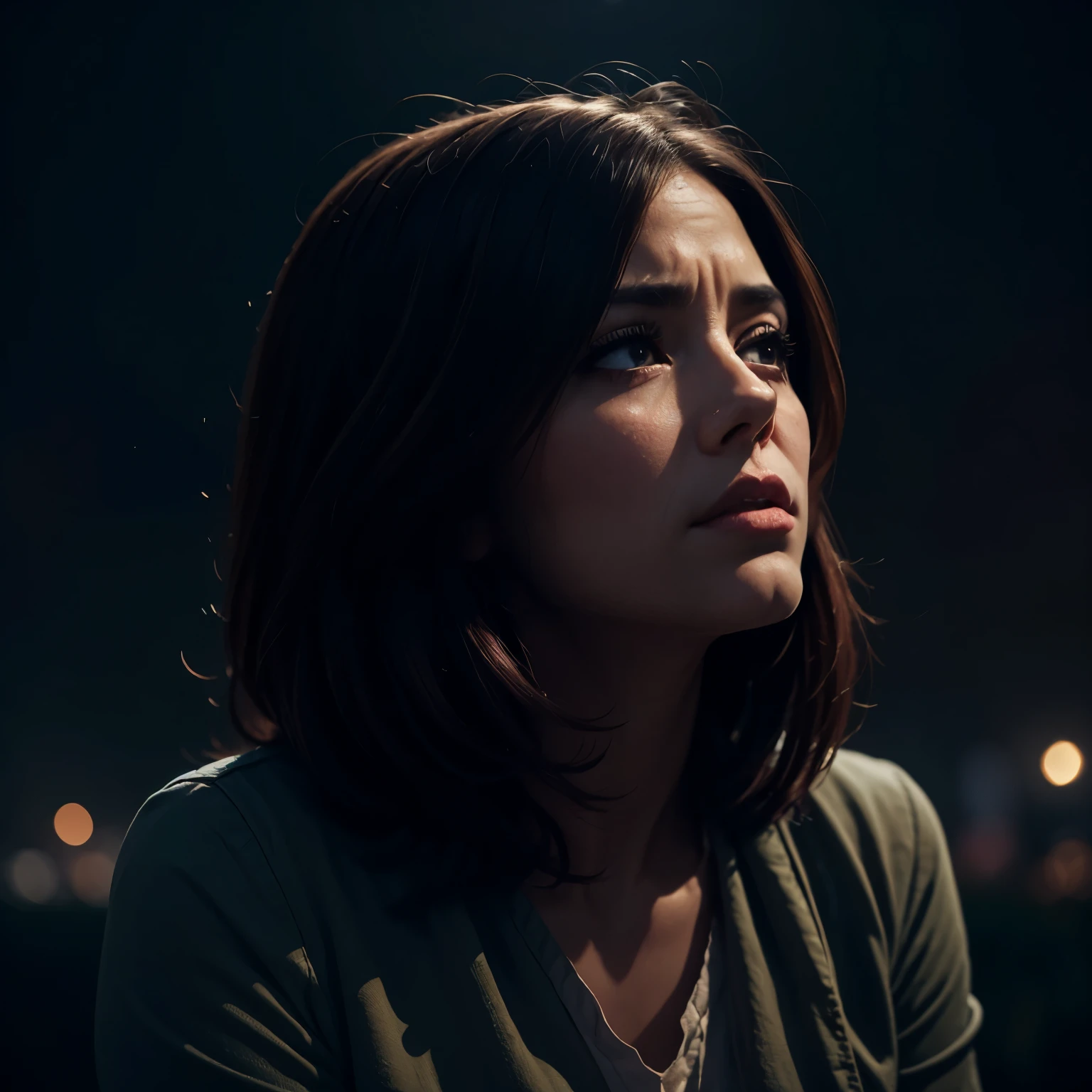 lost in contemplation under night sky, detailed portrait of pensive person, gazing upward, starry night sky in background, atmospheric lighting, moody colors, cinematic, dramatic, chiaroscuro, oil painting, 4K, ultra-detailed, photorealistic
