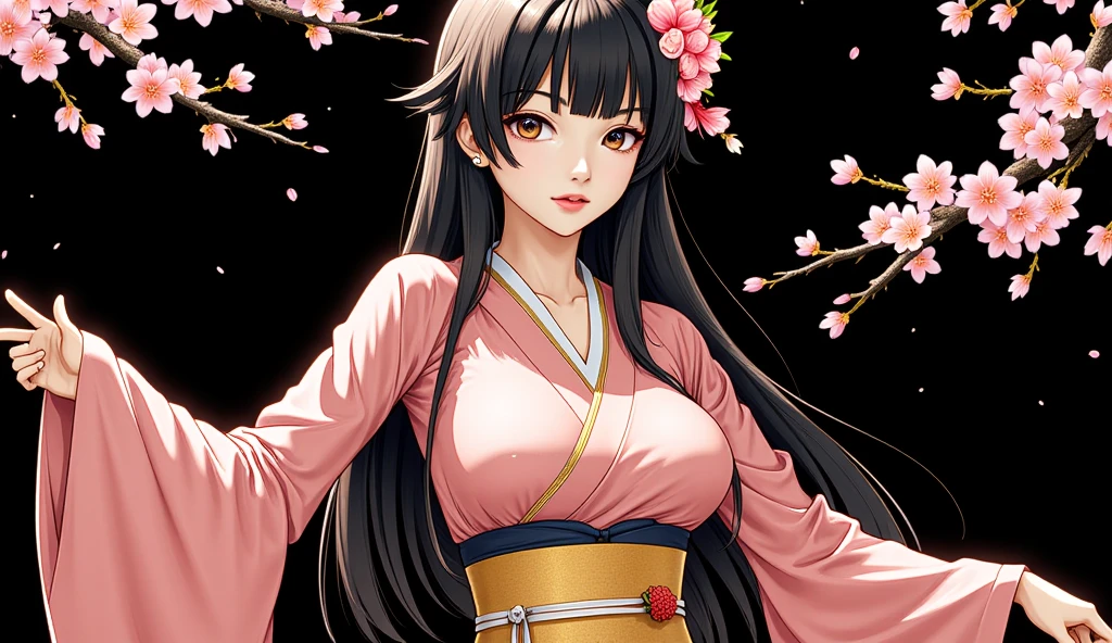 Masterpiece, (Pink kimono), Seductive face, Large breasts with cleavage,ssmile,sportrait,Good lighting, Masterpiece, Glowing eyes, 1girll, Black hair, on the face, Nezuko Kamado, Wisteria background, Best quality,
