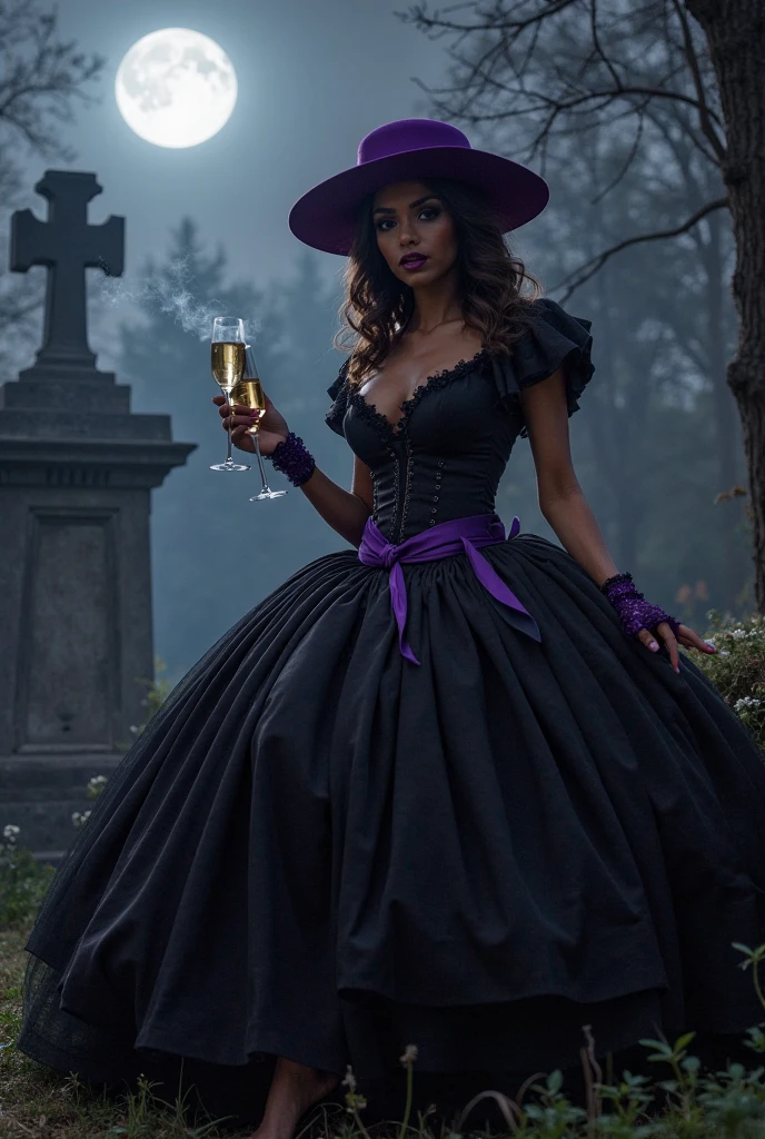 black woman wearing a black corset along with a black and purple skirt, with a black and purple necklace with a silver cross, a black hat with purple details in the cemetery