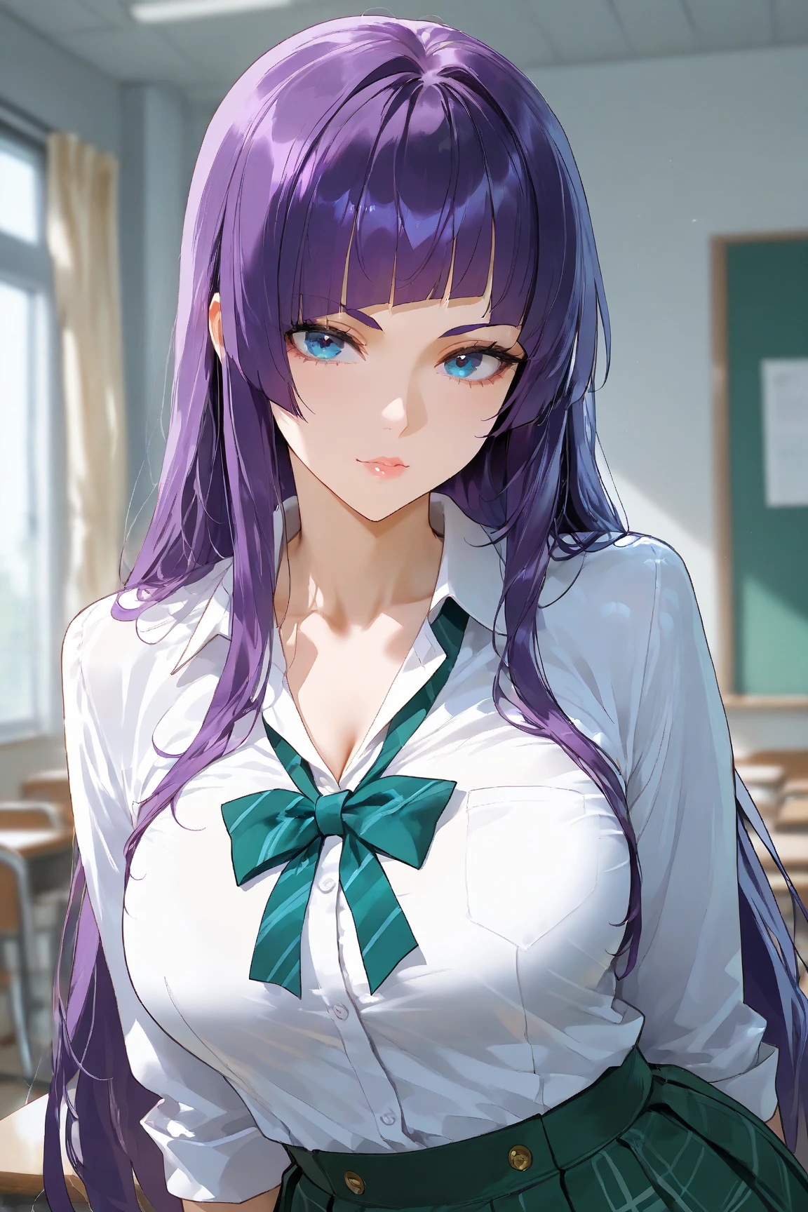 purple eyes, (best quality, masterpiece painting:1.3), Oboro, mature female, 26yo, (half body shot:1.3), schoolgirl, school uniform, (seductive look:1.5), purple hair, short hair, stacked bob hair, (large breasts:1.2), (narrow waist:1.1), cleavage, perfect body, (athletic body:1.1), soft skin, anime face, perfect face, (perfect eyes:1.3), glowing eyes, purple irises, anime eyes, smoky eyeliner, eyeshadow, asian, looking at viewer, smart, whiteboard background, classroom, sharp focus, intricate details, professional artwork, (vibrant colors:1.1), vivid colors, Diffused lighting, digital blending, ultra detailed body, ultra detail hair, ultra detail face, trending on pixiv, top button opened, shy girl, cute glance, makeup, purple lipstick, perfect lips, perfect makeup, ultra detailed painting,