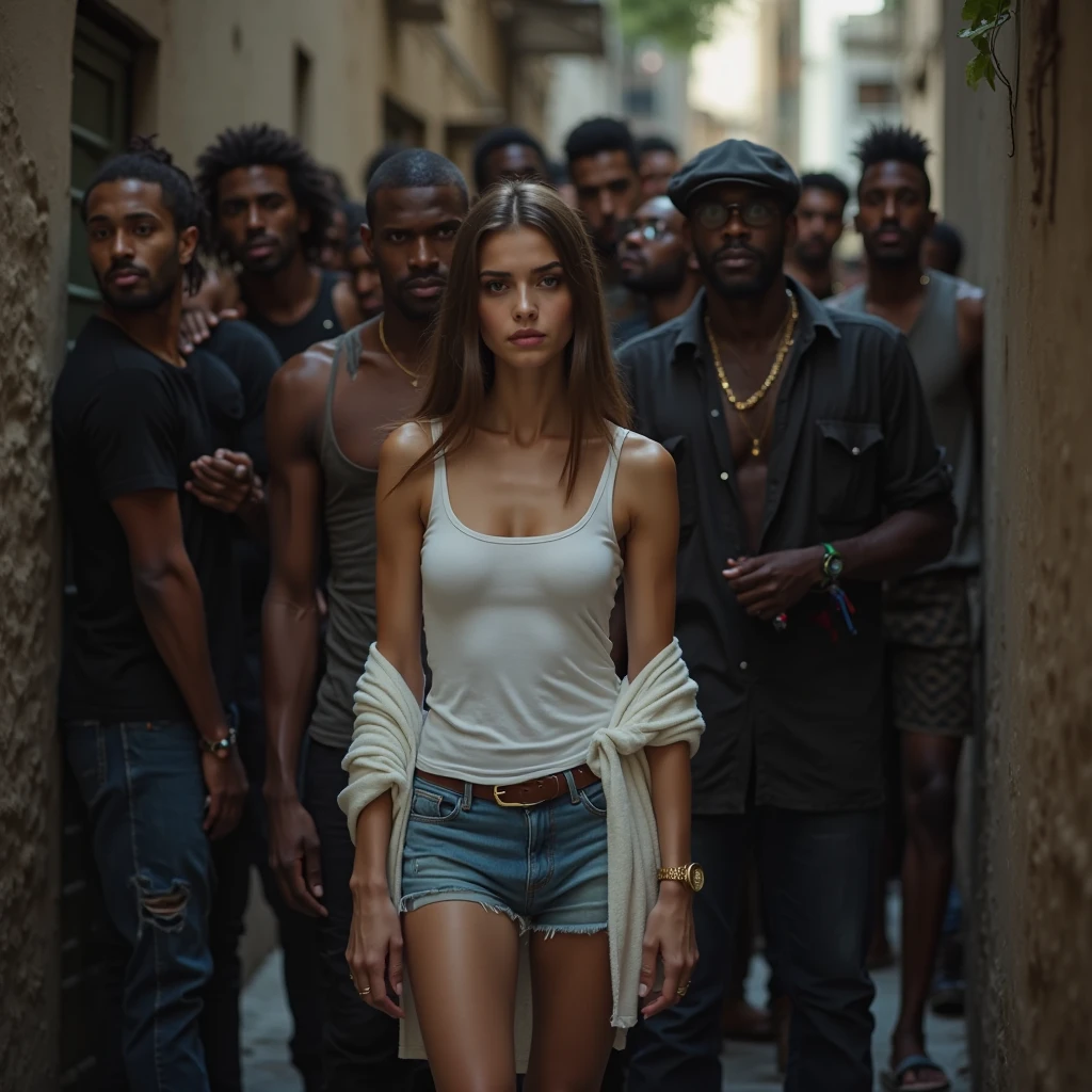 Young blonde small girl in bikini with several african men in a African street