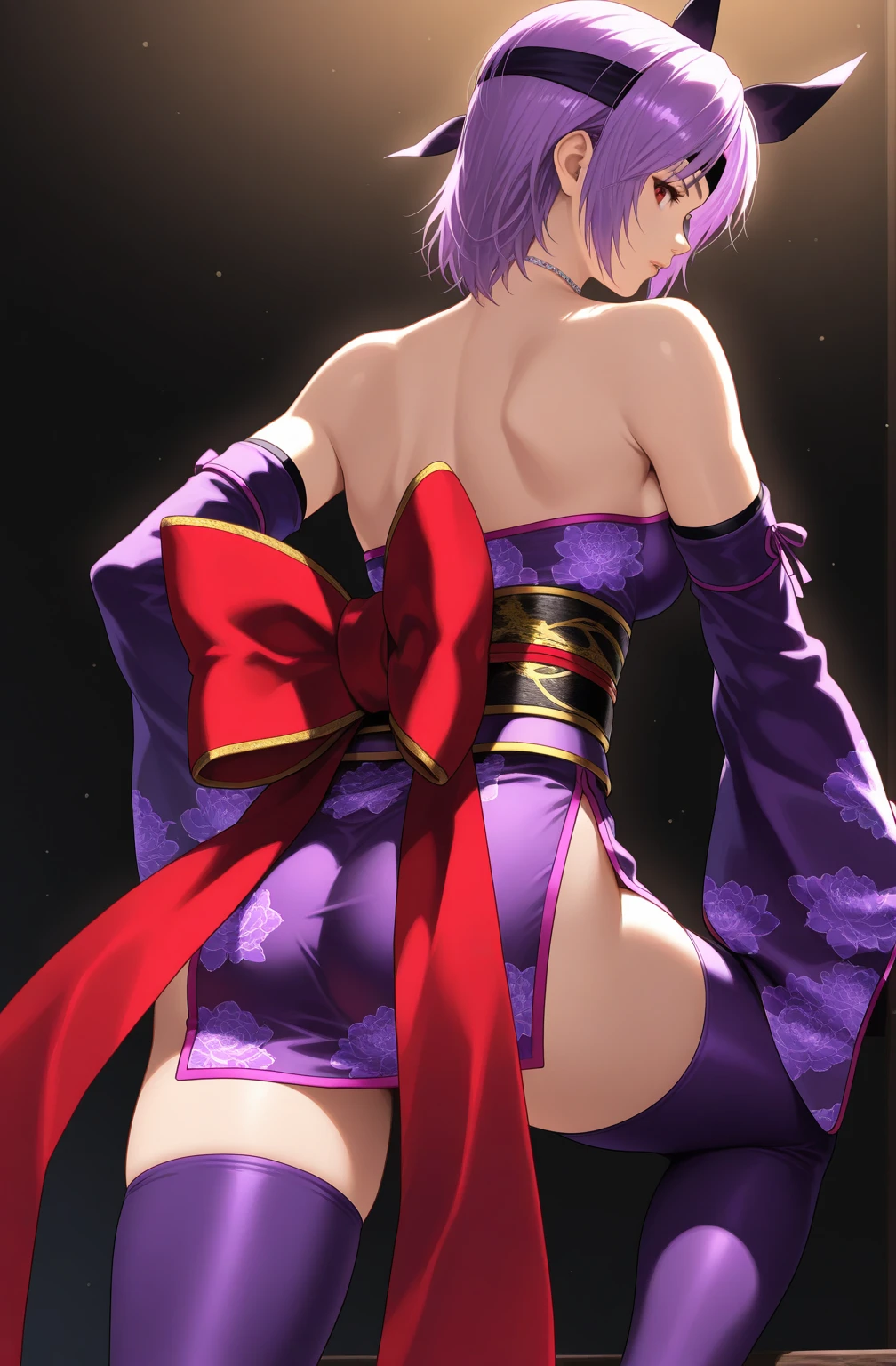 (masterpiece, Highest quality, Highest quality, Official Art, beautifully、aesthetic:1.2),One girl, tattoo, alone, kimono,  hair ornaments, Pink Hair, back tattoo, butt tattoo, Violet Eyes,  Off the shoulder, Bare shoulders, Recall, From behind, flower, View your viewers,  Holding, compensate, indoor, Pink cat ears, Plump Ass