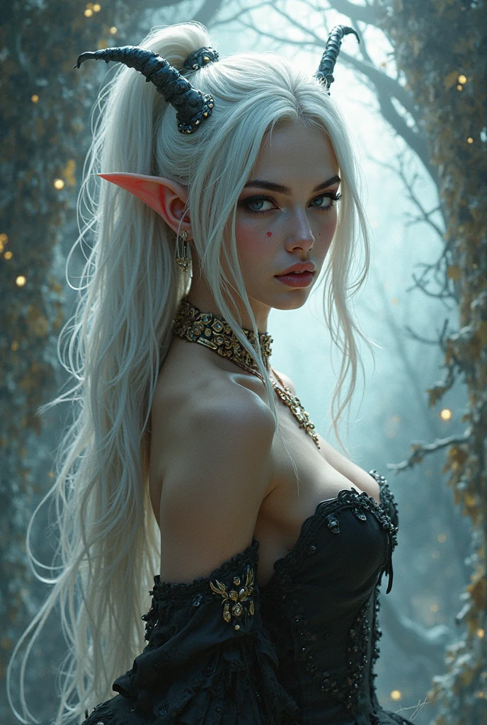 full length closeup portrait of complex detailed fractal aurora, forming a hyper-detailed ghostly vision of a beautiful succubus in the sky, busty, reflection in water, Ripples on the water, dark mountains on the horizon, backlight, Starry night sky background, very detailed galaxy, DAZ 3D landscape rendering, Unity, Unreal engine 5, UHD resolution, sharp focus, 8 k, 12 MP This is a breathtaking picture, presented in the form of digital art.. The painting shows a beautiful and elegant 12-year-old elf with white hair., Anime girl with white hair and green eyes in a white bikini, whole body, elf character with an innocent smile, Beautiful and elegant elf, very beautiful portrait of a fairy. With long ears and a cute and charming appearance., elf has white skin, exuding extraordinary temperament, which gives people a surreal feeling. The work is extremely realistic and mesmerizing, like a fluffy porcelain doll..