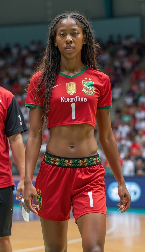 Teenager, ebony, black skin, Afrikanerinsoccerspieler, Baywatch, a perfect body, Perfekt proportioniert, sehr niedliches Gesicht, im Stadion, soccer, sehr realistisch, master-piece, enges Kurzes Trikot