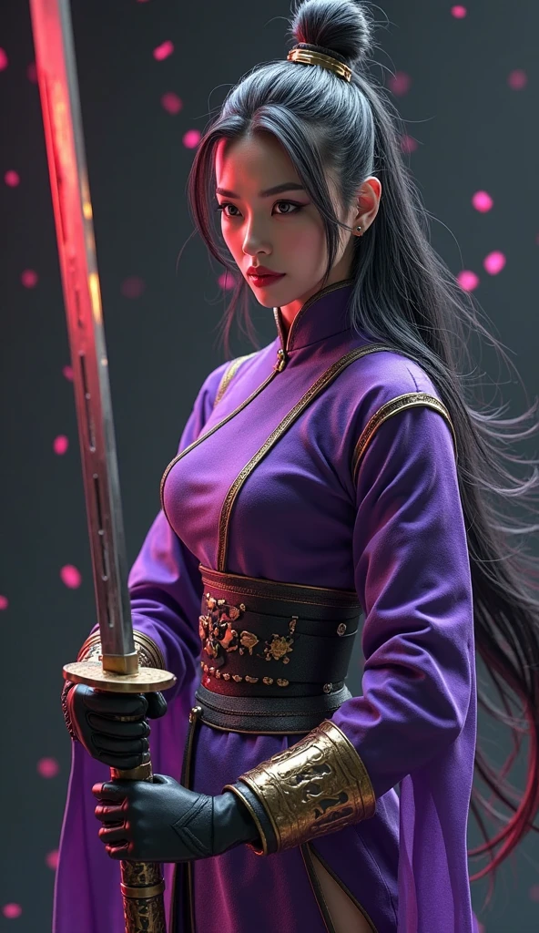 In this captivating image, the central female character (Chinese Warrior) exudes confidence and authority, her long hair a striking contrast to her sleek purple costume with gold accents, complete with gloves and boots that evoke a sense of uniformity. Her hands grip the katana firmly which she holds in front of her in a fighting stance, the metal surface of the blade gleaming in the light as she looks around the dynamic background with a determined gaze. (full-length), (depth of field), The background is dark and the light rays add to the overall sense of energy and action, evoking the world of comics or video games where she takes center stage as a powerful superhero, retina, accurate, masterpiece, super detailed, high detail, best quality, award-winning, high res, hd, 4k, 8k, 16k, retina, accurate, masterpiece, anatomically correct, textured skin, super detailed, high quality, award-winning, high res, 8k, 16k