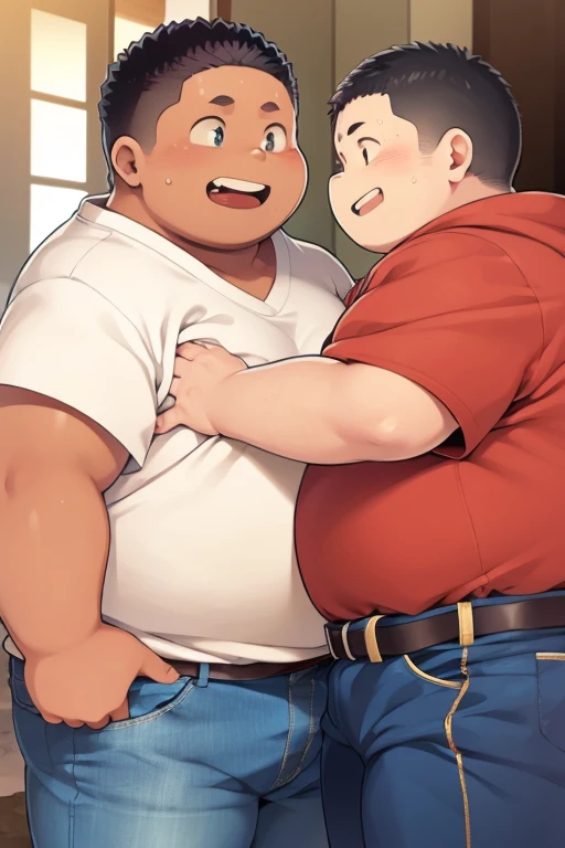 They are the same height and weight and have a similar physique, but they are extremely obese and have extremely bloated belly fat that makes it difficult to walk., very thick arms and legs, Two men with large fists and similar builds, Fighting fiercely with each other fist-to-fist ,Their faces show anger and pain., dark ring