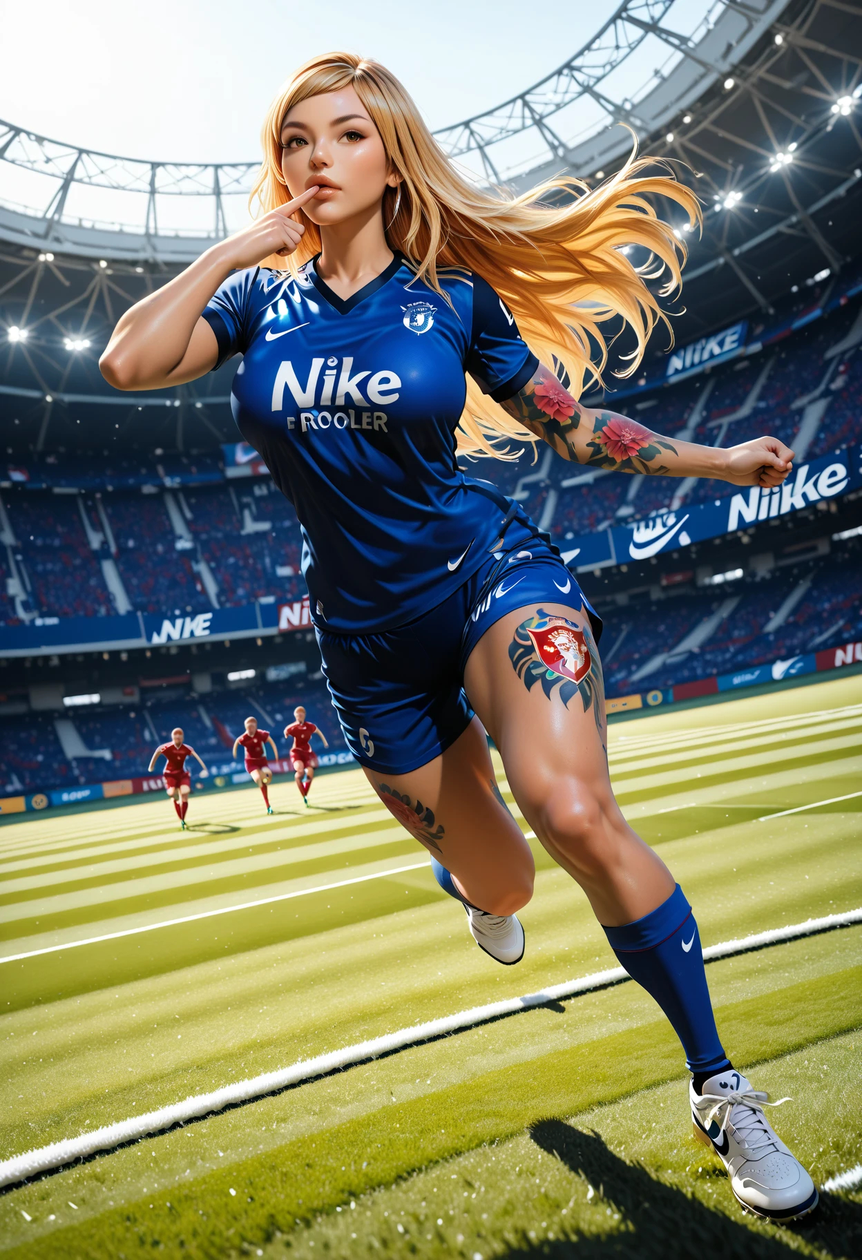 The concept character sheet of a strong, attractive, and hot soccer woman, soccer style, wearing black and white jersey. Her face is oval, forehead is smooth and visibly rounded at the temples. jawline is softly defined, giving her a gentle and feminine appearance, full body, Full of details, frontal body view, back body view, Highly detailed, Depth, Many parts, ((Masterpiece, Highest quality)), 8k, Detailed face, scars, serious expression. Infographic drawing. Multiple sexy poses. tattoos,3d, (braids green), (light green eyes), choker