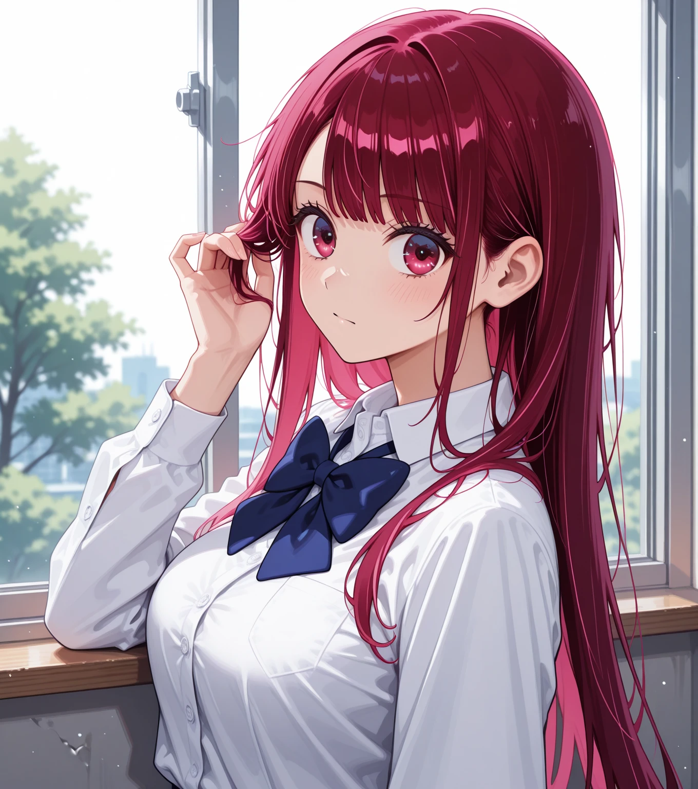 Realistic, real person, RAW photo, photorealistic, portrait photography, shiny skin, 18-year-old female、(Medium Hair) and (red hair) and (red eyes), BREAK high school, (white collared shirt) and (Pleated skirt) BREAK、(grin:1.2), open mouth, The background is a school classroom、alone