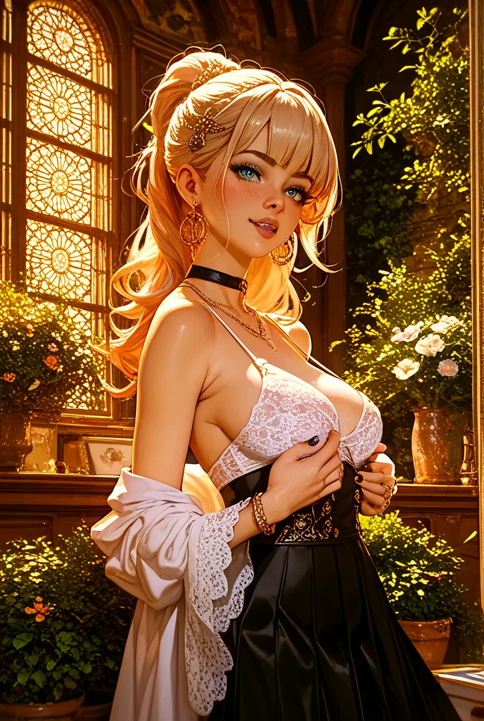 (((Blonde stunning hair))), (blue eyes), blue necklace, Golden earrings, Fit, Gorgeous Body, gorgeous, brown eyebrows, (two moles over lip), big pupils, (23 years old), 1girl,solo, complex skin, warm light, (large breasts), wide thighs, round butt, 5 fingers, ((blushing)), ((detailed face, best quality)),(beautiful detailed eyes), red lip, eyeshadow, beautiful face, long hair, very detailed eyes, intricate details in eyes, perfect lips, good lighting, ((masterpiece, Best quality, a high resolution, ultra detailed),(beautiful and aesthetically pleasing:1.2, show most body), 1 woman, high short ponytail, Beautiful, Detailed eyes and face, so much cleavage , ((pink tiny top and latex panties bottom)), nature background, complex parts, H cup boob size, pov from the front, 5 fingers, heart hands, own hands together, short hair, white shirt, pleated skirt, ((long hair))