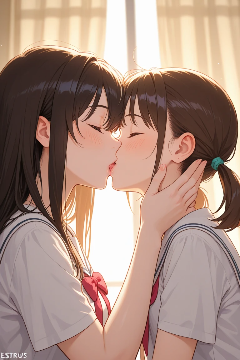 Anime image of two girls kissing in front of the window, kissing together cutely, two beautiful anime girls, official artwork, guweiz and makoto shinkai, high detailed official artwork, sakimichan and makoto shinkai, kiss together, ( ( By Shinkai Makoto ) ), kyoto animation still, Smooth Anime CG Art, sunset, city