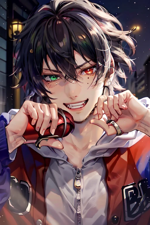 yamada ichiro\(hypnosis mic\), 1 juvenile, 独奏, looking at the viewers, buster bros, Male Focus, age19, Akame, bangss, A dark-haired, hair between eye, heterochromia iridis, verd s eyes, Mole under the eyes, Grinning, Lean, White prince's uniform, Red necktie