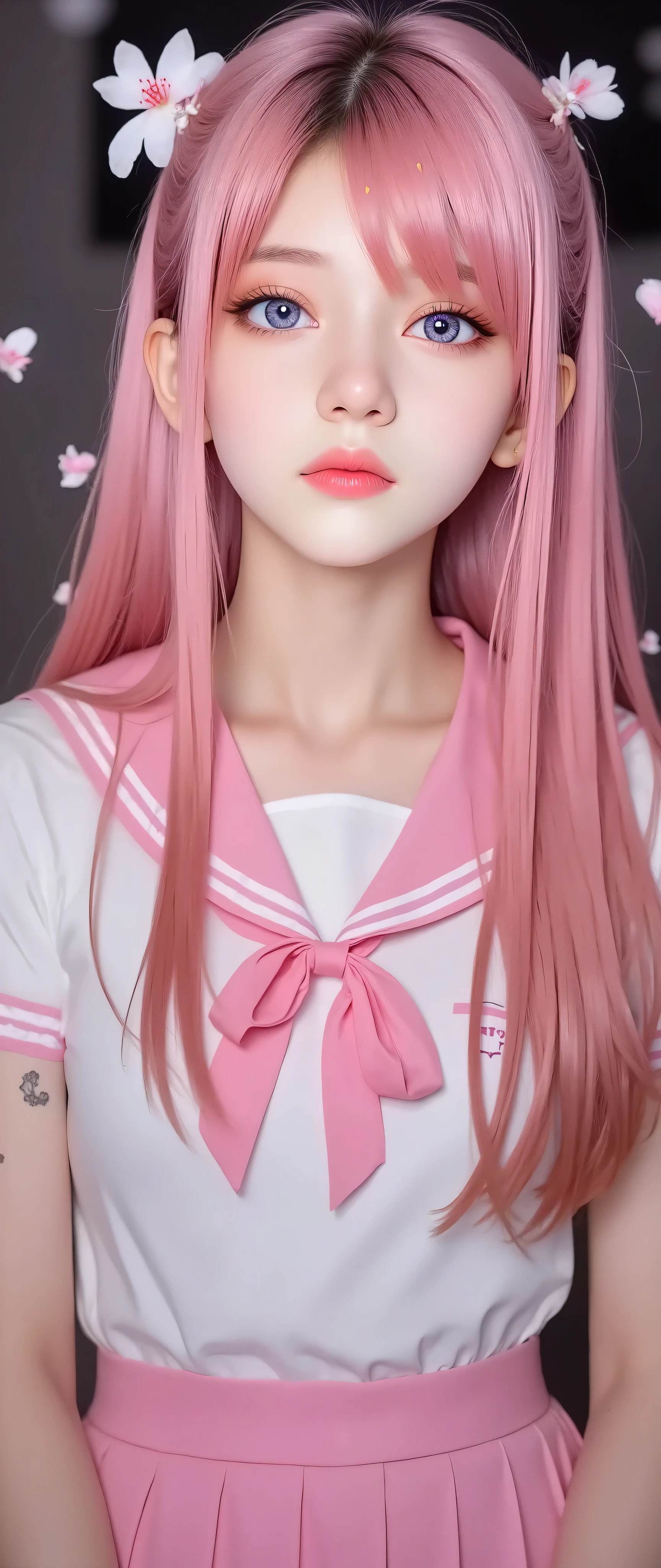 masterpiece, best quality, ultra-detailed, ultra high res, photorealistic, realistic, realistic lighting, RAW photo, BREAK (three-quarter body:1.5), 1girl, solo, beautiful big eyes, long hair, princess cut, (pink hair:1.3), (JK Uniform, Serafuku, school uniform, miniskirt, pleated skirt, sailor collar, bowtie, pink bow, white shirt collar, Thigh Highs), sakura pattern, sakura hair accessories, cherry blossoms, depth of field, soft bokeh, out of focus foreground and background, soft lighting bathes the body and face, JK Uniform,Eroflo