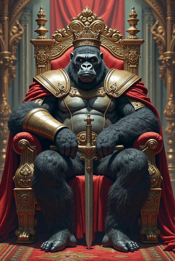 an armored gorilla king sitting on his throne in an old palace