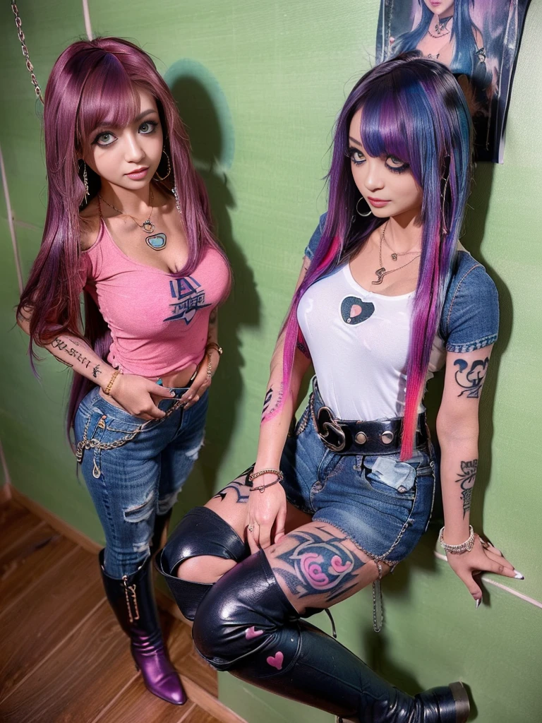 (photorealistic, perfect eyes, hyper-realistic, 8k, highest detail) portrait of 2 beautiful curvy girls, smiling, 18 years old, goth, punk, piercings, tattoos, green hair, pink hair, white, hair, heavy eye makeup, cleavage, leather jacket, tank top, denim, spikes, liz katz, sophie mudd