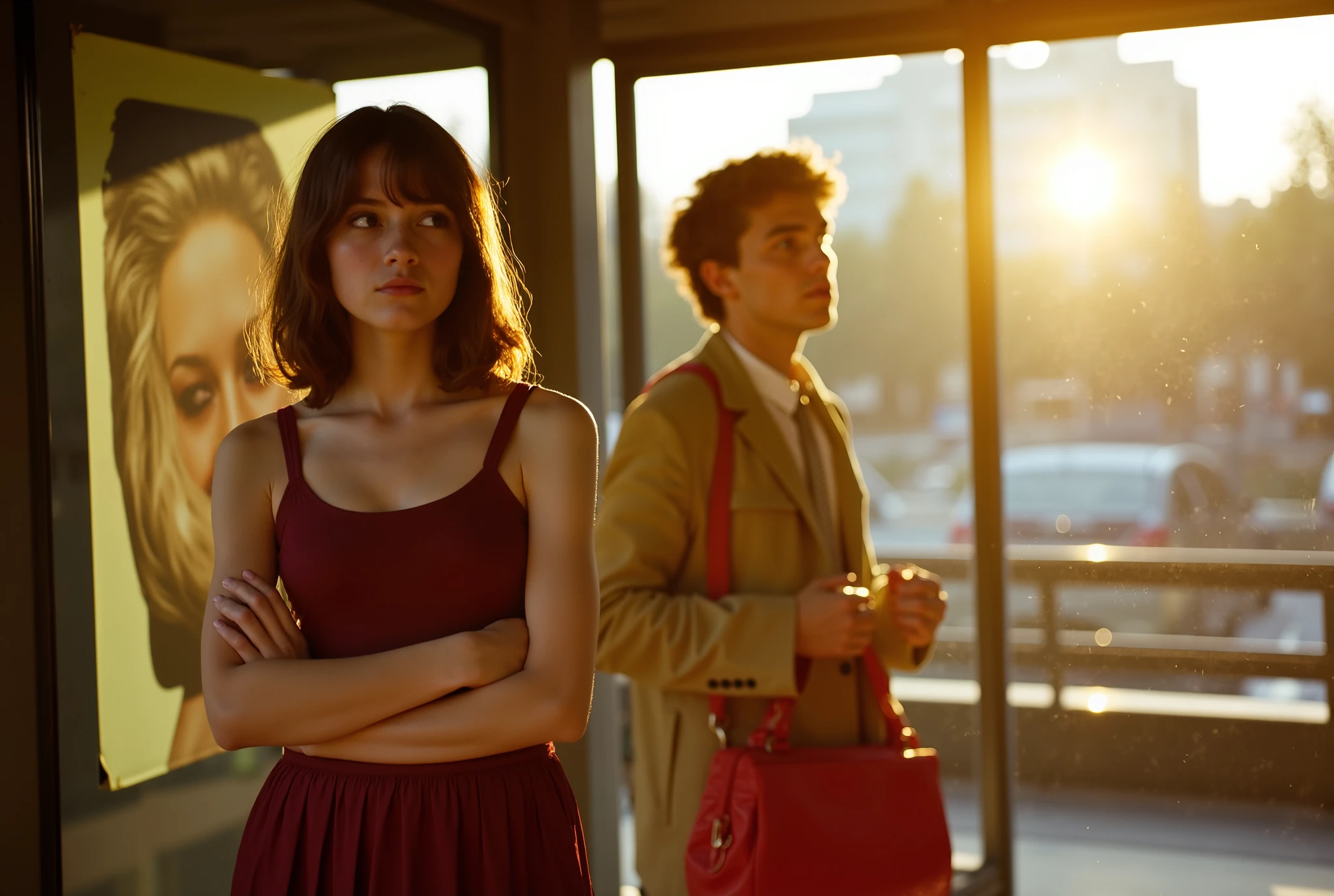 A cinematic still from a European arthouse film, set at a quiet urban bus stop during golden hour on a late afternoon. A young woman with pale skin and dark brown shoulder-length hair stands in a contemplative pose, arms crossed, facing forward but emotionally distant. She wears a richly saturated burgundy tank top and a matching skirt with deep, vivid folds, layered with a beige overcoat draped loosely over her arms. Her expression is introspective, subtly melancholic. Next to her stands a man with tousled wavy hair, wearing a bright white rumpled shirt and holding a bold red shoulder bag, both isolated in mood. The backdrop features a worn advertisement poster of a glamorous woman and a softly blurred urban landscape with golden-lit trees and railings bathed in amber hues. The scene is rendered with heavy 35mm film grain, glowing directional lighting with long shadows, and color grading in warm golden tones. Saturated reds, radiant highlights, and rich contrasts evoke a sense of poetic stillness, quiet tension, and nostalgic warmth.