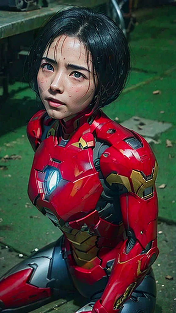 Middle-aged women Sweaty face Soaked Face Painful expression Steam coming out of the head Humidity Only the head is exposed ((Taking off the Iron Man suit)) Steam from the body