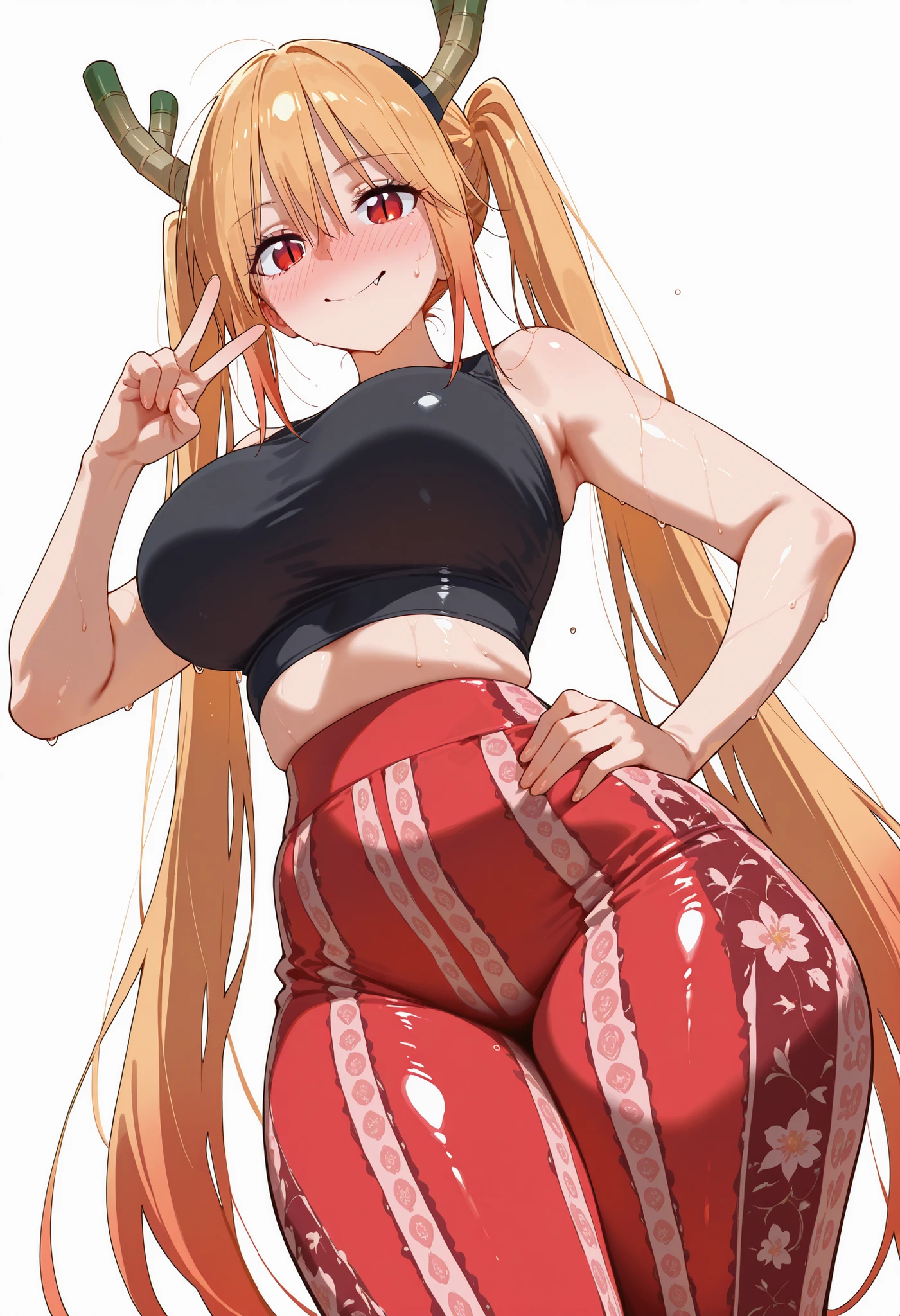 score_9, score_8_up, score_7_up, source_anime,
dragontohru, 
tohru, long hair, bangs, blonde hair, hair between eyes, twintails, very long hair, multicolored hair, horns, fang, gradient hair, dragon horns, red eyes, slit pupils,, smile,
looking at viewer, cowboy shot, dutch angle, solo, nice legs,      large breasts, shiny skin, shiny hair, shiny body, clear body, large breasts, nose blush, sweat, sweaty, sweaty:1.3, white background, simple background, standing, nice legs,, looking at viewer, thick thigh, thick thighs, nice face, solo, opaque clothes, cowboy shot, nice legs, wearing a tight black crop top that accentuates a curvy, voluptuous body,. The character's skin has a shiny, slightly wet appearance. They are standing with one hand on their hip and the other making a peace sign, with a confident expression,        pants, long pants, print pants, forbidden pants, flare pants, floral pattern, yoga pants, printed pants, striped pants, floral print, [RED PANTS], RED forbidden pants, opaque clothes, 

