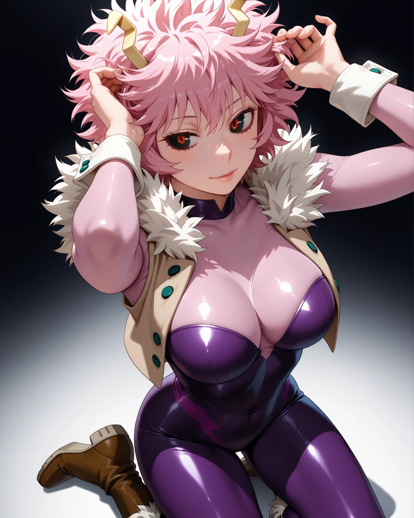 Score_9, Score_8_up, Score_7_up, Score_6_up, MILF, anime_source(boku_no_heo), 1 girl, hands on hips, wide hips, curves, ashido_mina, pink skin, black sclera, colored sclera, breasts, solo, yellow eyes, cleavage, pink hair , horns, colored skin, smile, shorts, blush, short hair, looking at viewer, collarbone, white shorts, eyelashes, coat, long sleeves, pink shirt, shirt, white coat, {{Ultra-giant breasts}}, blue background, mouth closed, bangs, open coat, cowboy shot, bright, white jacket, lips, open clothing