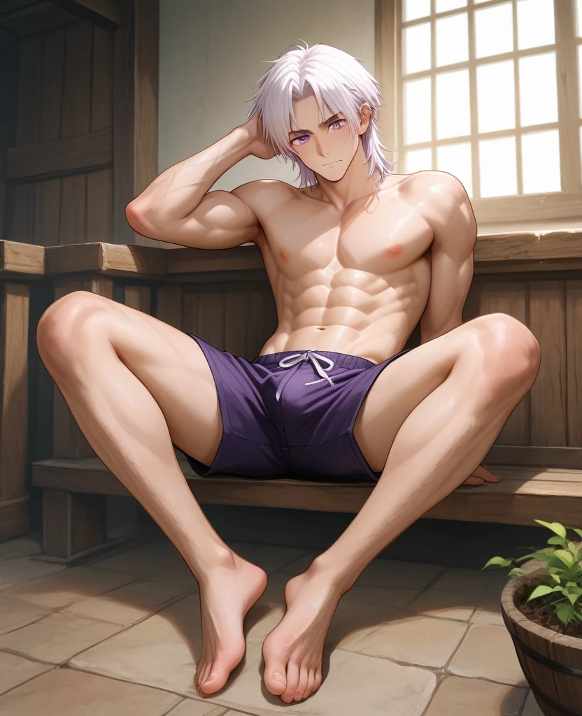((masterpiece)), (best quality), 1boy, ((masterpiece)), (best quality), (detailed), (1boy),1 muay thai kickboxer boy, spiky white hair, grey eyes, dark brown skin, lean body, handsome, shirtless, (white boxer shorts), white muay thai headband, white fingerless gloves, laying on street, midriff, navel, barefoot, 8k, detailed, ultra-detailed, absurdress