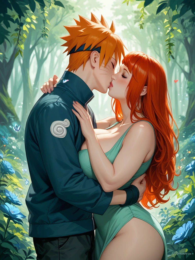 Shikamaru Nara kissing a red-haired girl in a ninja outfit
