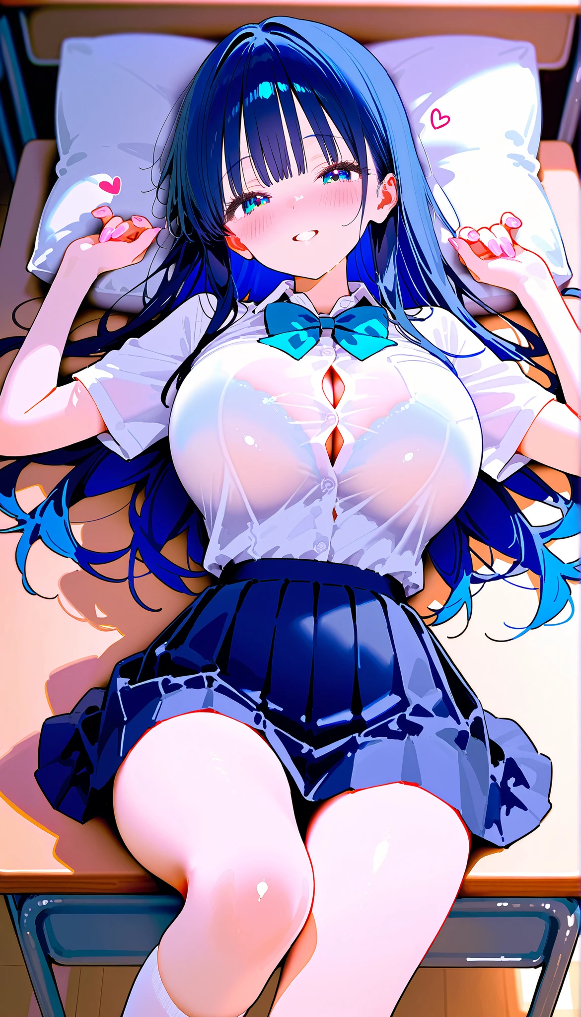 high school girl in uniform,(((spread pussy))) ((Sitting with M-shaped legs apart)) (beautiful blue hair) ((beautiful blue eyes)) (((The skirt is pulled up to reveal the pants.))),big breastasterpiece (The pussy is the center of the picture)