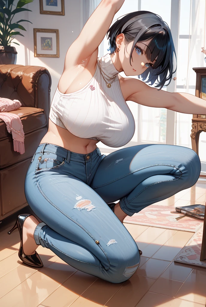 (Best quality at best,Unbeatable masterpiece:1.4),Ultra-detailed CG 4K,white camisole,denim short,Huge cleavage,Nipple presentation,AS-Adult,smooth thigh,Barefoot,sat on the ground,Lift your legs up,legs are open,Nipple presentation,Breasts enlarged