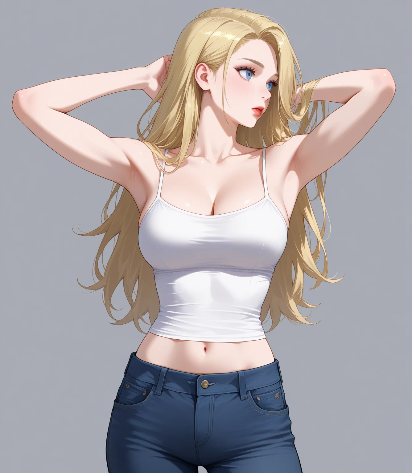 (1girl) ((Masterpiece)) ((High Quality)) ((Perfect Face)) ((Beautiful)) ((Round face)) ((Motherly)) ((Blonde hair)) ((long Hair)) ((Cute Nose)) ((Blue Eyes)) ((Light Skin)) ((Camisole)) ((Tight jeans)) ((Full lips))