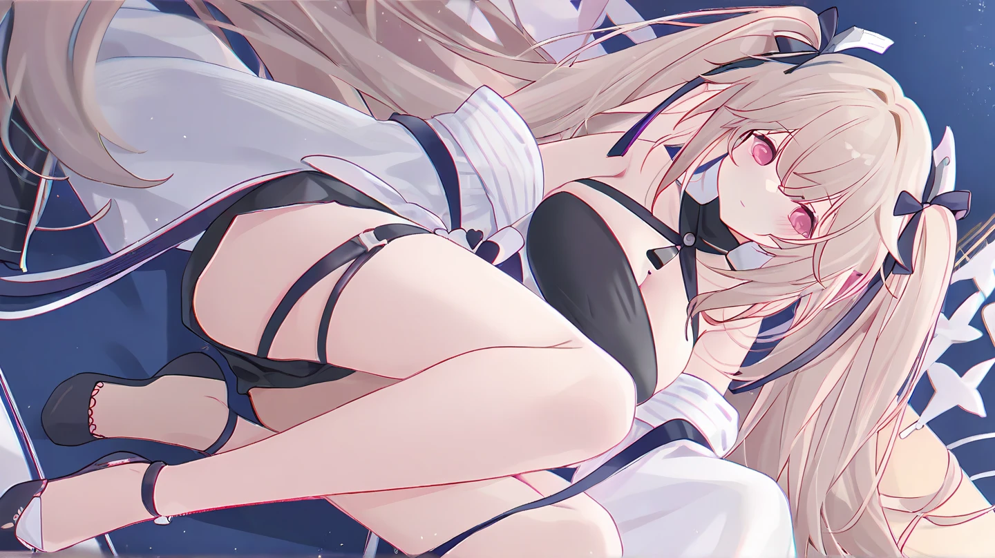 nsfw,1 girl, masterpiece, highest quality,upper body,nikkeadmi,(short stature),(flat chest), alone, (white bra,white panty,see through:1.5),wet,plaid, silver hair,middle hair,hair ornaments, bow, small breasts, Backpack, white socks,open mouth, embarrassed ,blush,(spread legs:1.3),(legs up),(cameltoe:1.3),