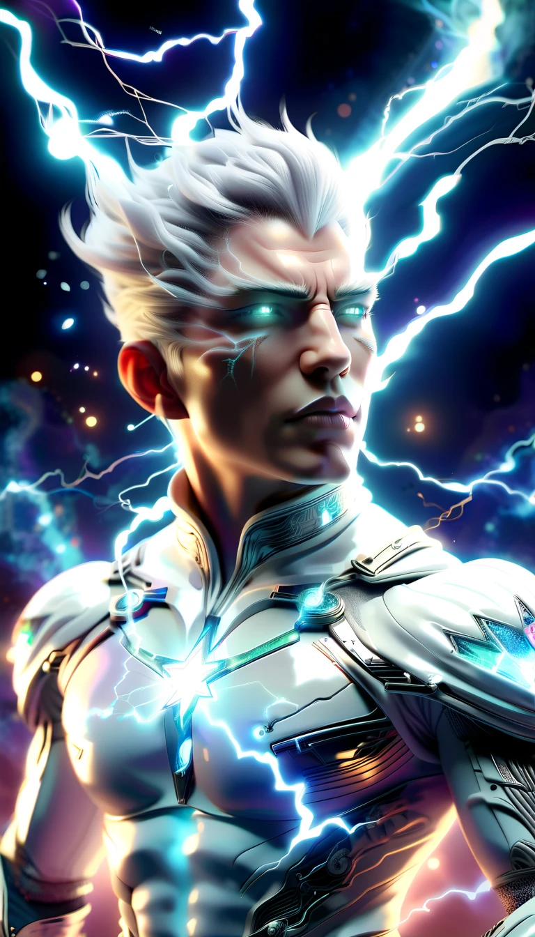 (melhor qualidade,4k,alto:1.2),ultra-detalhado,(Realistic:1.37) a white-haired megatrix man wearing a white suit with gold details and several galaxies running across his body,illustration,retrato,etherial lighting,foco nítido,vivid colors,Estilo de arte tradicional,ambiente calmo,Fundo