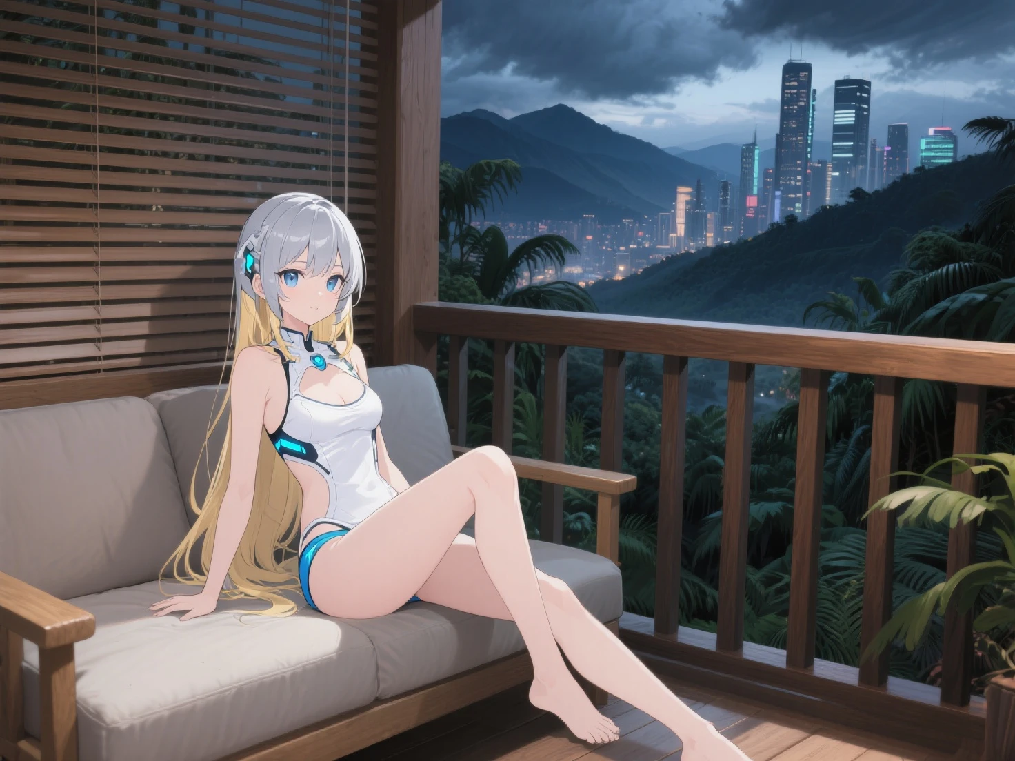 ((Best Quality)), (Ultra-detailed), ((Extremely detailed)), (Beautiful), ((Kawaii Girl)),(two side up hair).,Platinum Blonde Hair,Long hair, hair between eye, Wavy Hair, Long sideburns,Jade-colored eyes, White skin,Normal Chest,Slender body,Cross Halter Bikini,Sandals,Sitting,background a pool, Night, Night view of New Tokyo City, Starry sky, Neon light,,Look Camera