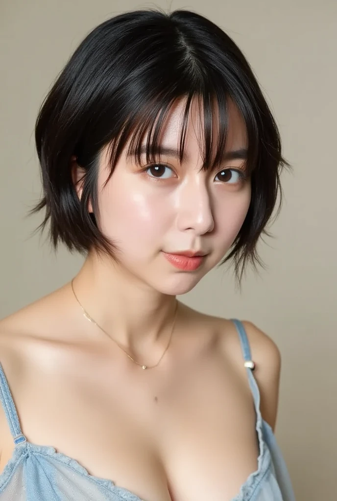 (Best quality, 8k, 32k, Masterpiece, UHD:1.2),Photo of Pretty Japanese woman, large breasts, very short bob hair,upper body,face focus,oversized_sweater, necklace, simple background, from above, looking at viewer,