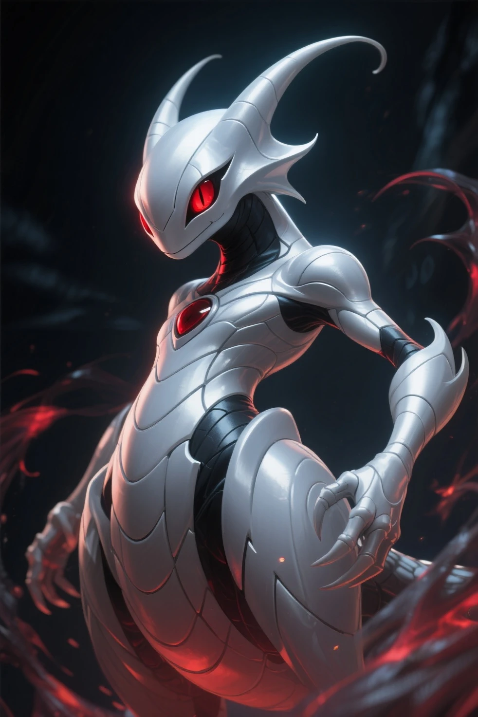 "A powerful Mewtwo standing in a futuristic lab, its sleek, pale-purple body glowing with psychic energy. Mewtwo's piercing eyes are filled with determination, and its three-fingered hands are raised, ready to unleash a powerful psychic attack. The background shows high-tech equipment and glowing screens, with mysterious symbols and data floating in the air, highlighting Mewtwo's otherworldly presence."