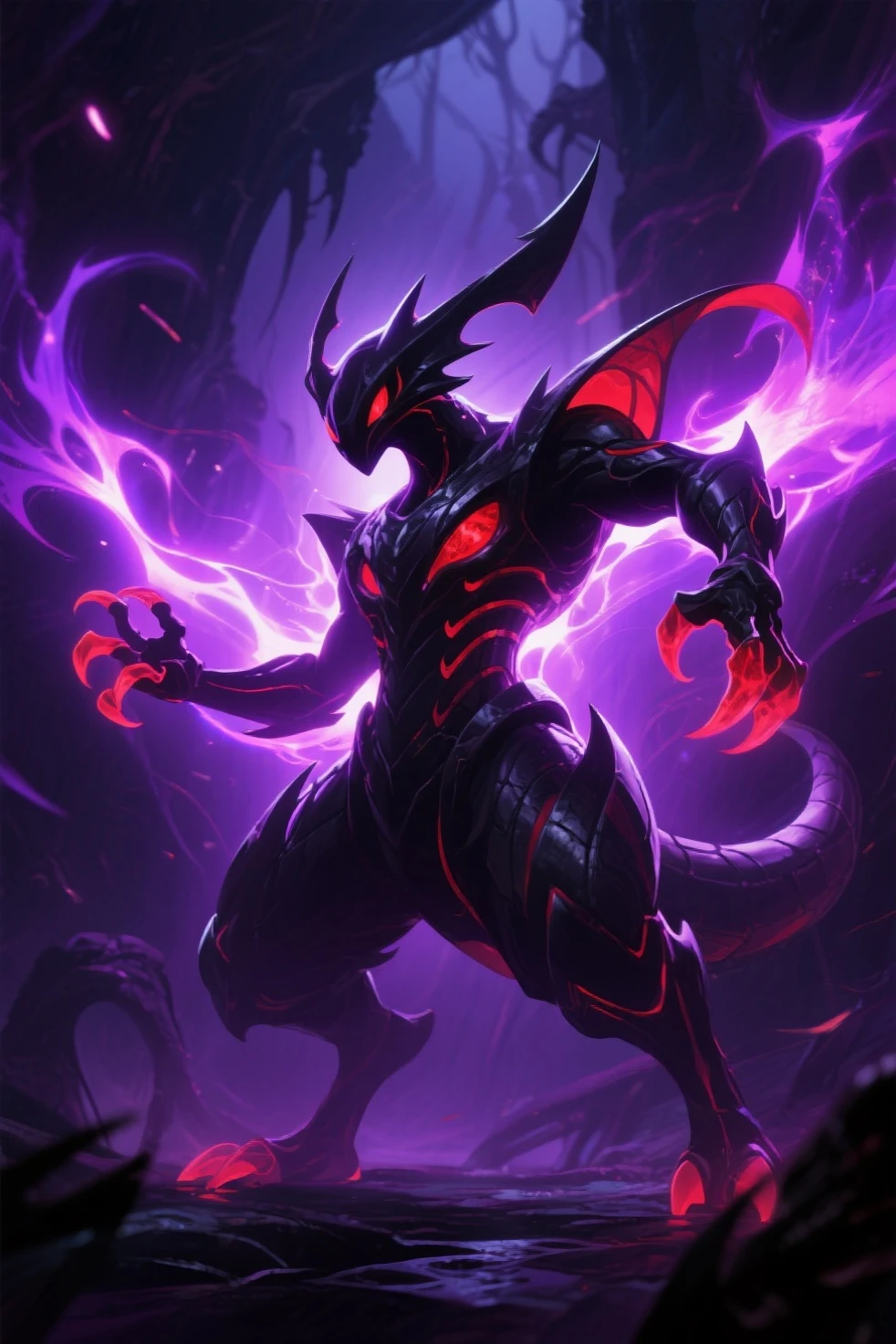 <lora:zerg-basic:1.2> zerg with arms raised screaming, battle roar, surrounded by lava, (purple flames:1.1), (mist:1.3), volcano, ash, charcoal, ash skies, full body, high detail, sharp focus