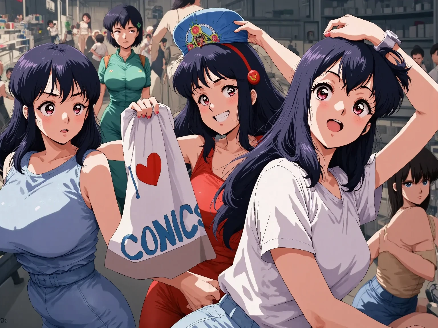(subjective camera view:2 ),(comic market:1.2),cosplayers full of personality、 Enthusiast ,1980's anime style ,semi-realistic,「I love comic」と書かれたタオルを拡げている,撮影会,semi-realistic 