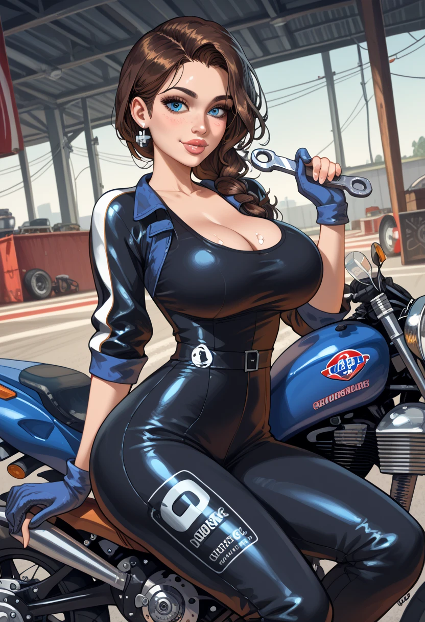 Brigid Brannagh, gorgeous mechanic, blank background, blue coverall, cleavage, no shirt, sfw