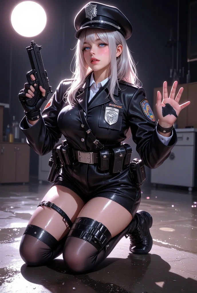 Future space station girl with gun、Silver see-through costume、long silver hair、hold a gun、Sharp eyes、Digital Cyberpunk、an oppai cyberpunk、thighs thighs thighs thighs、Glossy skin、Kneeling、Cute cyborg girl、optic、llight rays