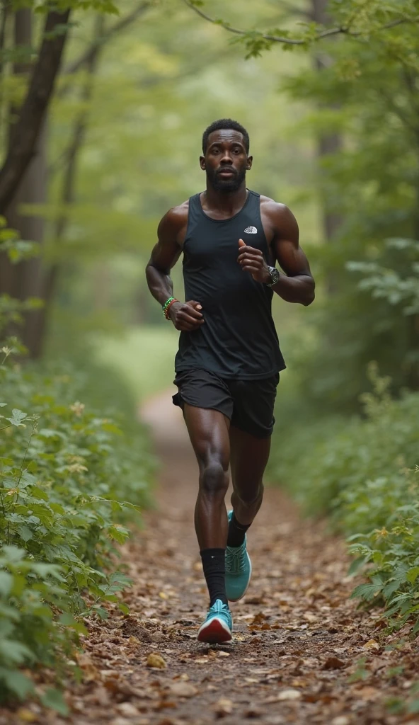 A black man weighing 120 kilos is running in the forest. The digital artwork with 8k resolution is very realistic.