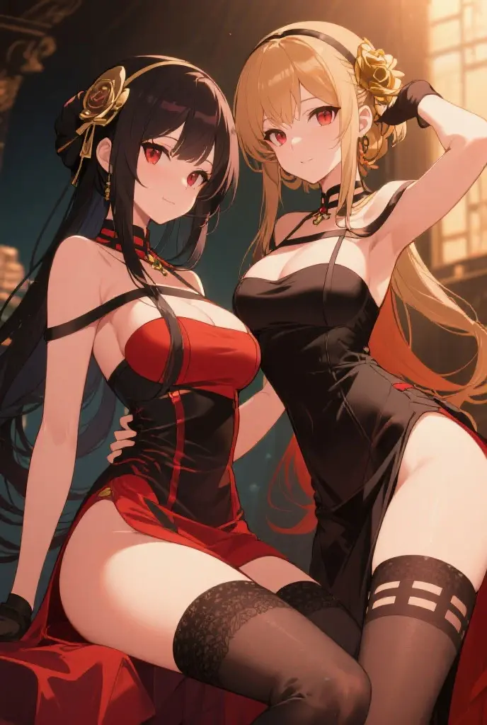 (NSFW, Almost naked costume), 2 girls are magical wizards, Dynamic action, trick angle art, (The face and appearance are different and asymmetrical:1.4), (Main theme Magical Girl Wars:1.3), Whimsical Magical Girl Enchantress, Layered dress imitating magical gift branches, Ornaments and baubles as decorative accents, Create a magical touch with metallic or sparkly fabrics, Add contrast with a tinsel belt that tightens your waist, Ornamental earrings and necklaces to create a festive atmosphere, Strappy heels or boots in metallic shades, A headpiece reminiscent of a Christmas gift topper, Hair decorated with fake garlands and small ornaments, Glittering makeup with red and green color (background over the city in the air:1.2)