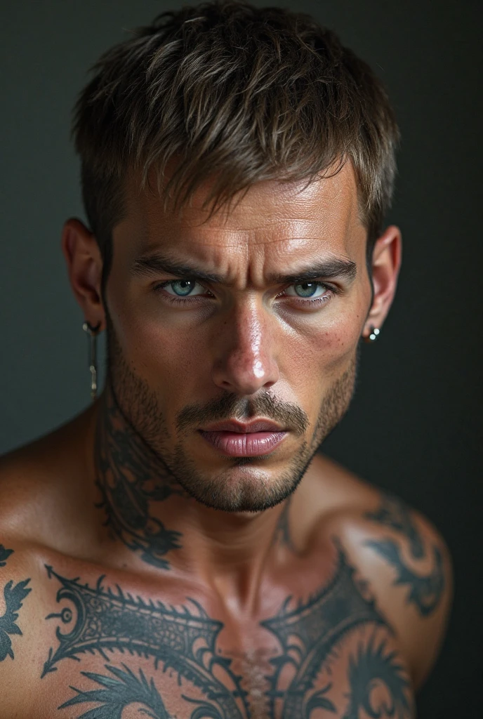young and handsome boy, (huge),(Member details), ((camera from below)), in all its height, (looking to the camera), headcheese, Strong body,nakedness , ((tattoo)) , body details, ((drops of sweat on the body)), physics based rendering, dynamic pose, (smile)), cyan eyes, ((Angel Face)), masterpiece