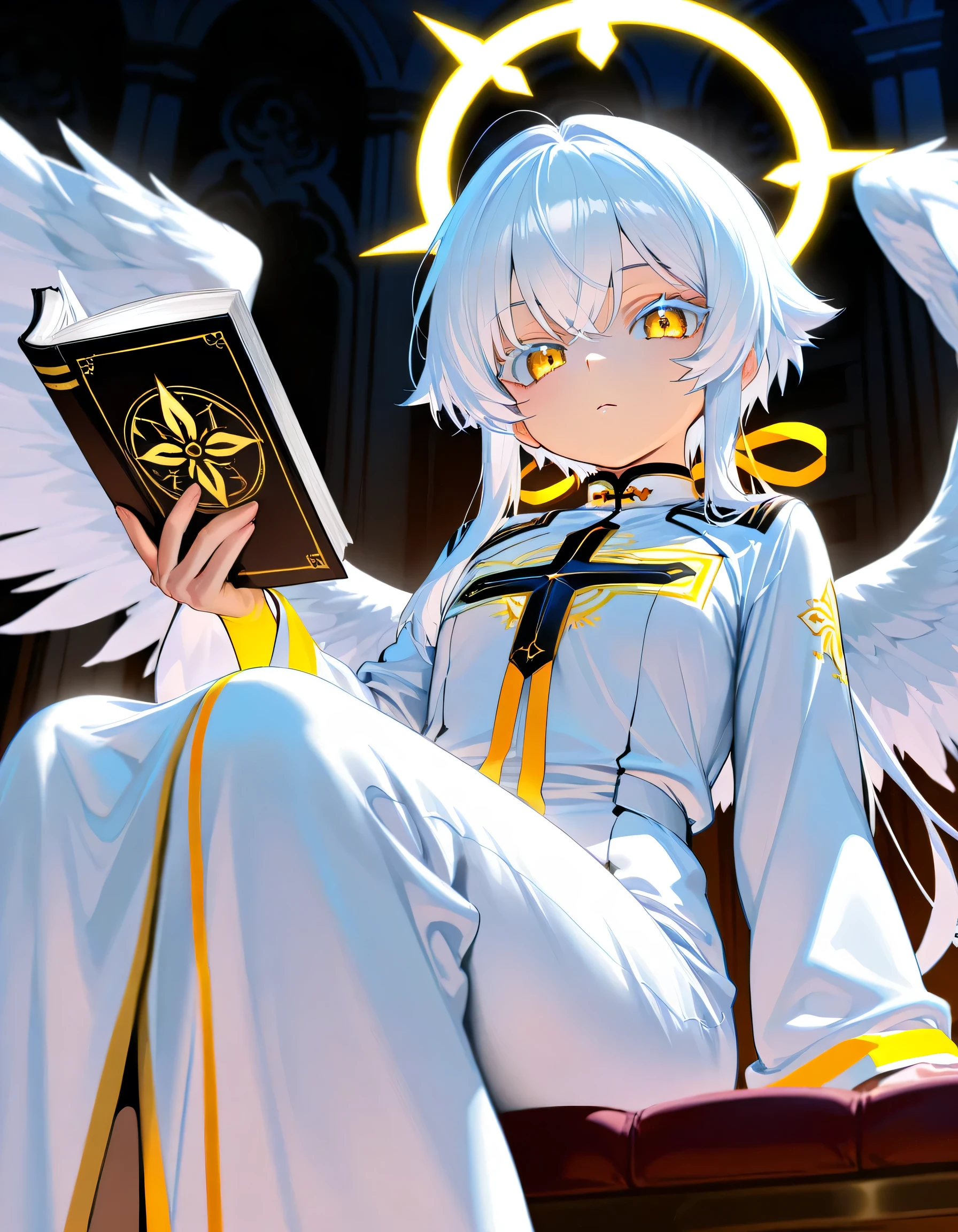 Score_9,score_8_up,score_7_up,score_6_up, fallen Angel, long white hair,golden eyes,Colored eyelashes, Halo ,Holding Books of Sin, sitting, White robe with Rib on the chest uniform, Low-angle View, Base on source, source_Mandate_of_Heaven_manga, masterpiece, Sharp focus, HDR, 16k, Vivid color, looking at viewer,