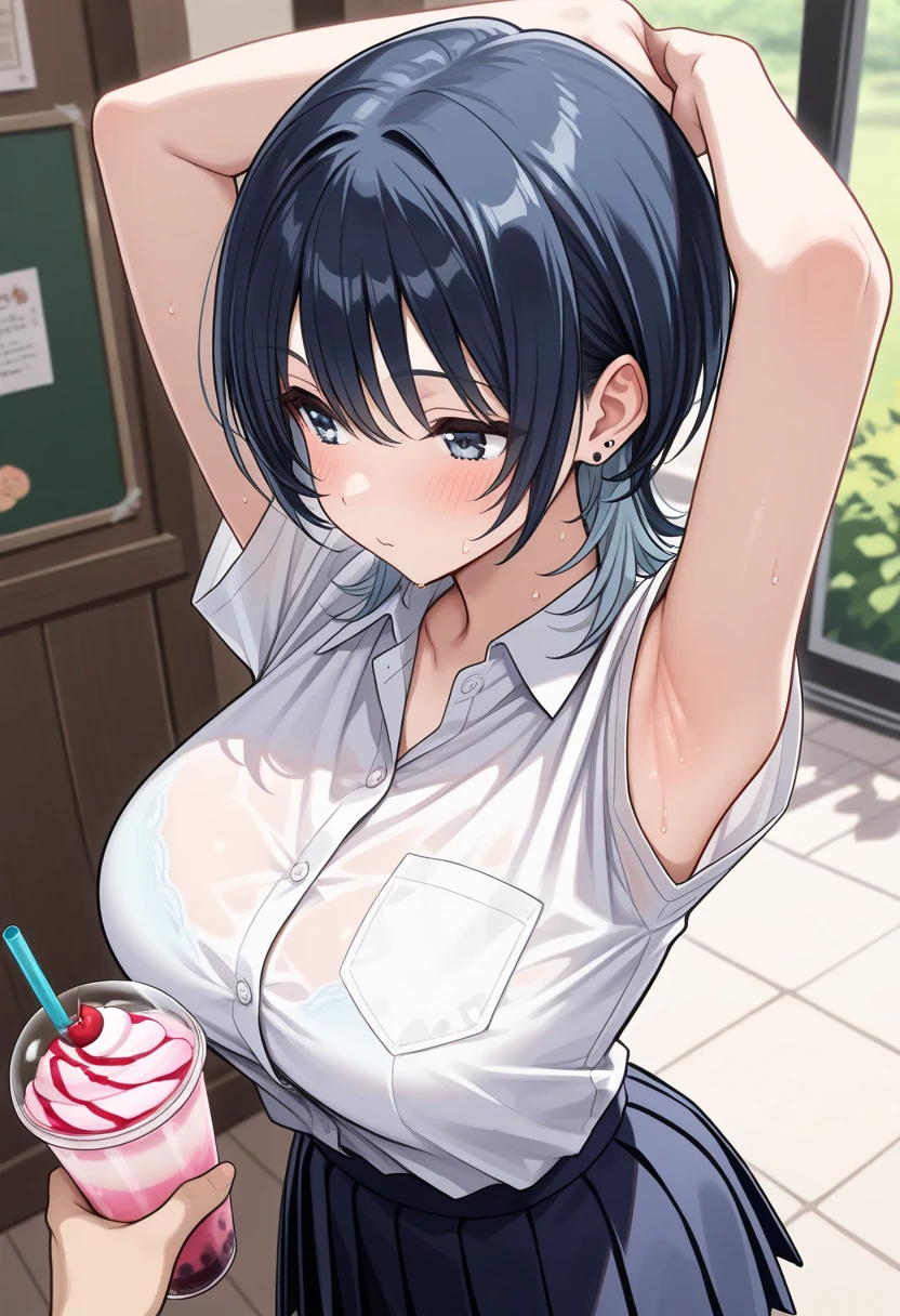 ((Cafe、Inside the store))、((open shirt))、(big breasts)、((nipple))、((( lifting white bra)))、((((both hands on own breasts))))、embarrassed face、troubled face、blush,looking at the camera、((Photographed from the front))、(((白いブラを上げてカメラマンにnippleを見せている))),one person、Are standing、full body photo、high school girl
