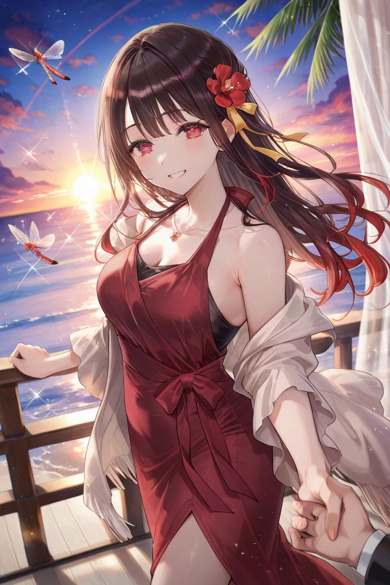 masterpiece, best quality, ultra-detailed, 
1girl, black hair, long hair, brown eyes, hair ornament, medium breasts,
lucency full dress, ((dusk)),sunset glow,standing on the ((headland)),extremely beautiful (red sun),some seabirds flying in the beautiful sky,[a few thin clouds in the sky],(cinematic lighting)[Tyndall Effect], sitting,